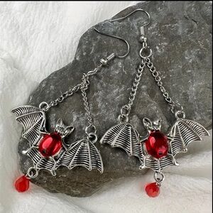Gothic Bat Wing Vibrant Red Synthetic‎ Gemstone Drop Earrings Silver Plated